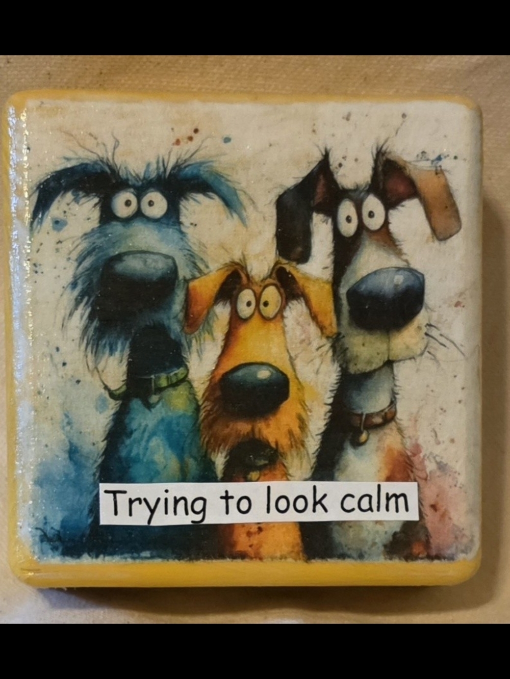 Whimsical 'Trying to Look Calm' Dog Tile Wall Art - Blue/Yellow/Tan